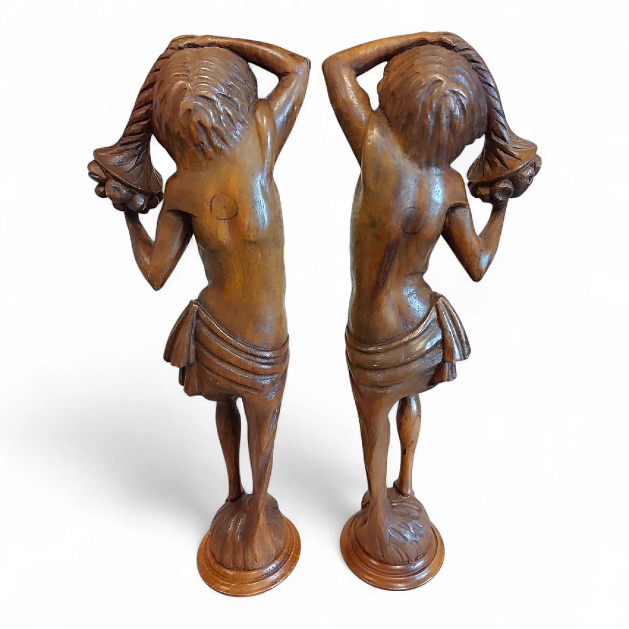 Pair of Walnut Wooden Statuettes columns, late 19th century 8