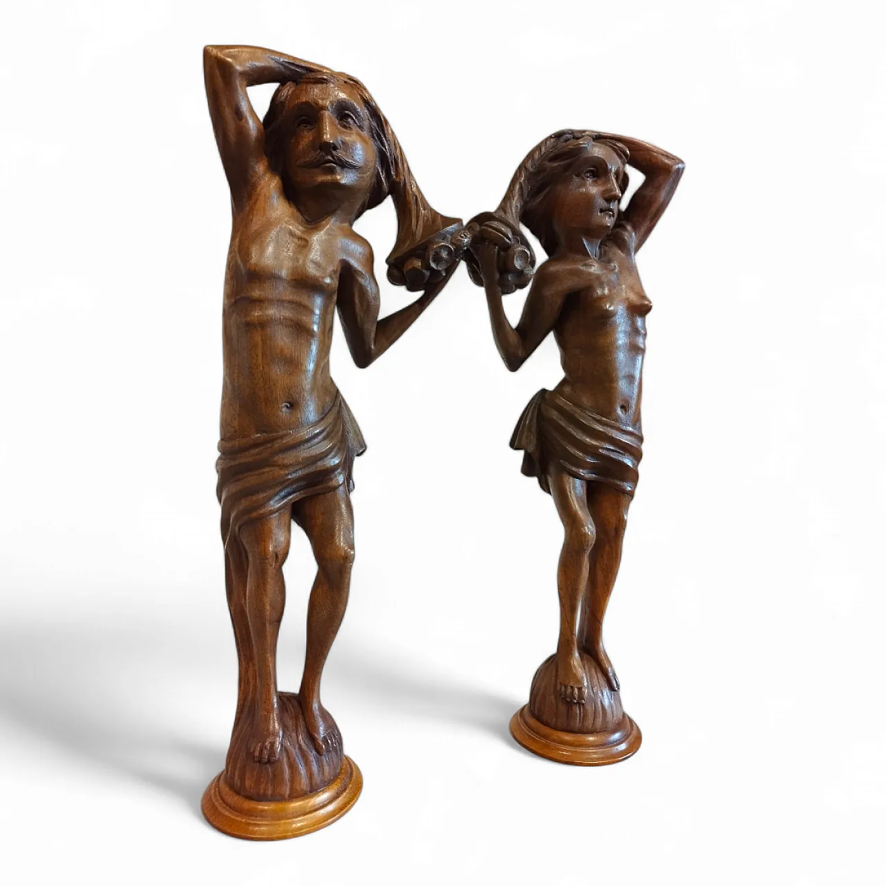 Pair of Walnut Wooden Statuettes columns, late 19th century 9