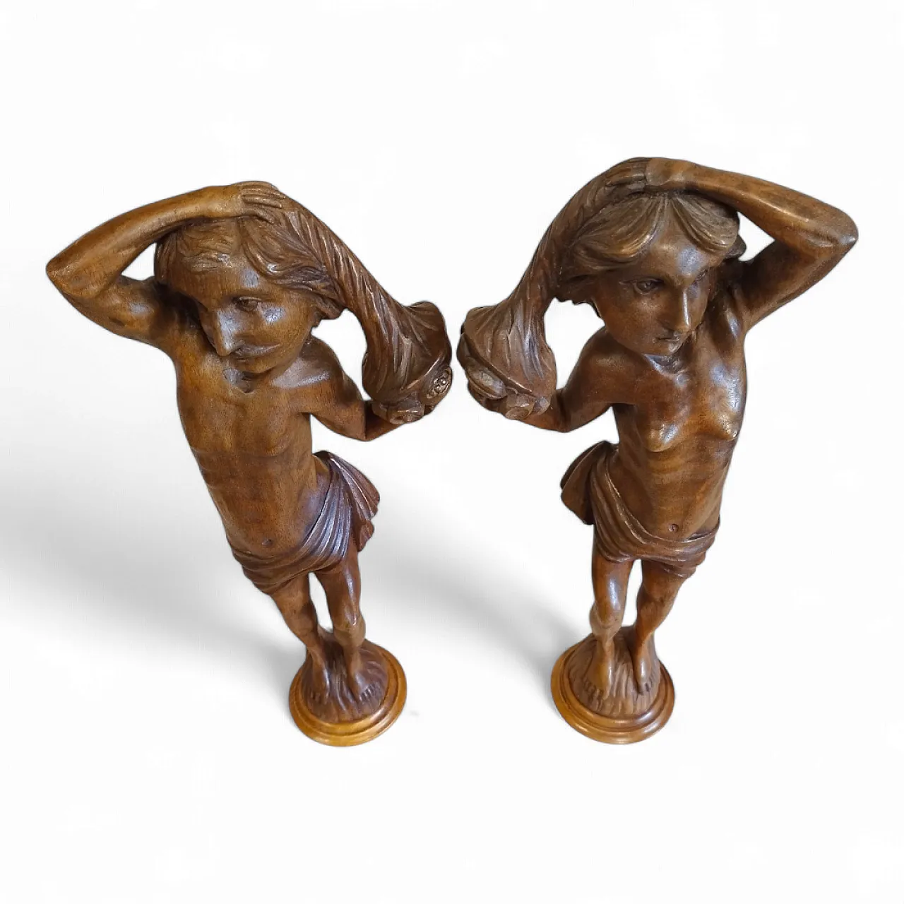 Pair of Walnut Wooden Statuettes columns, late 19th century 10