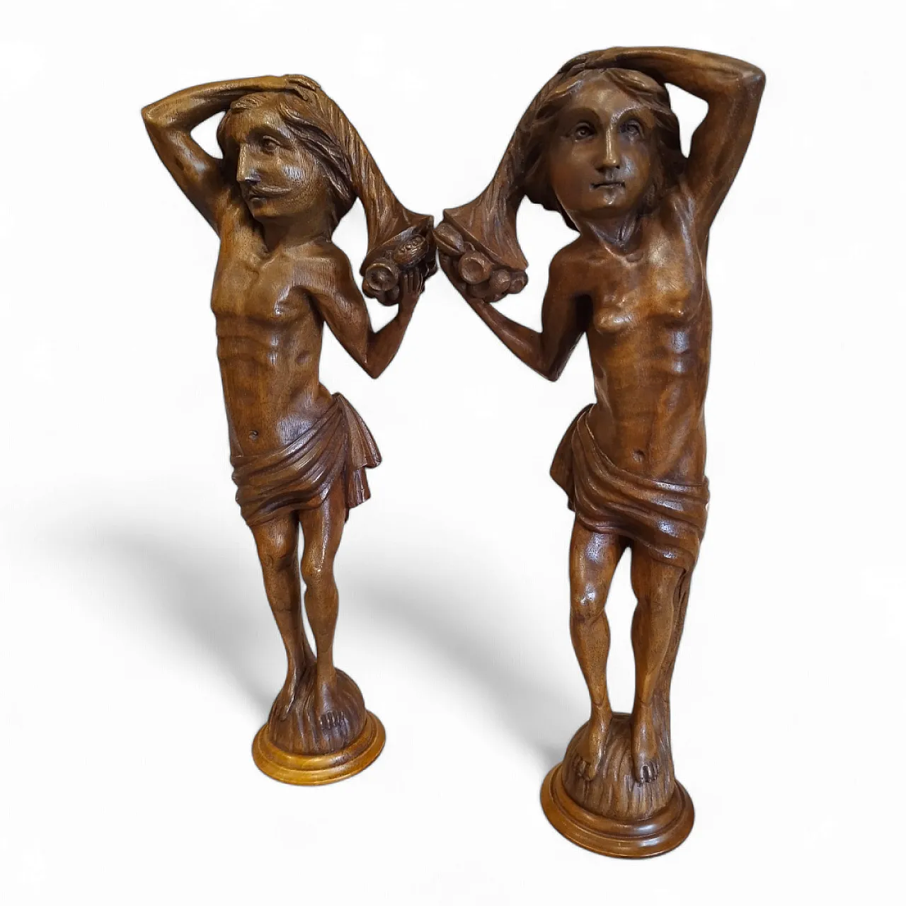 Pair of Walnut Wooden Statuettes columns, late 19th century 11