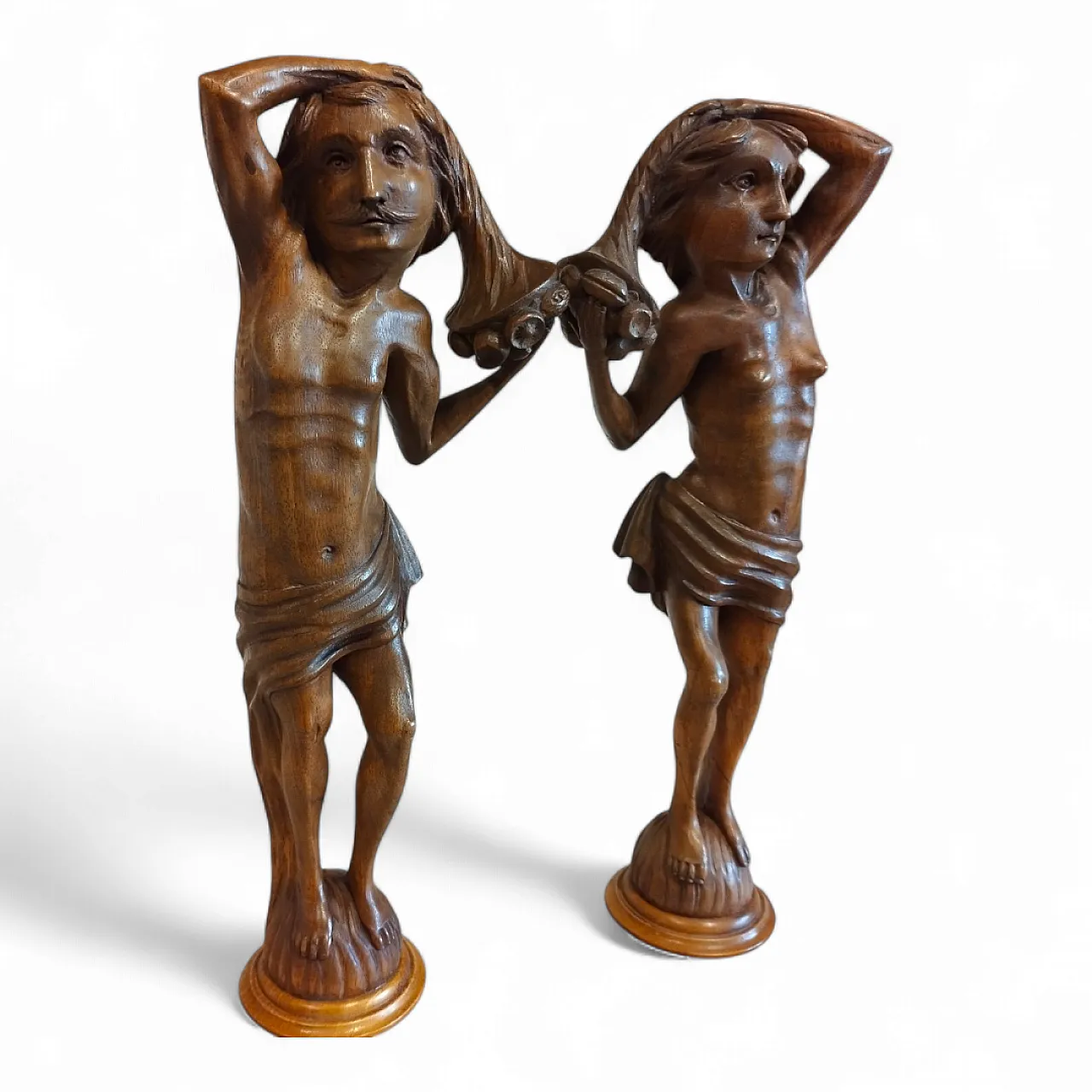 Pair of Walnut Wooden Statuettes columns, late 19th century 12