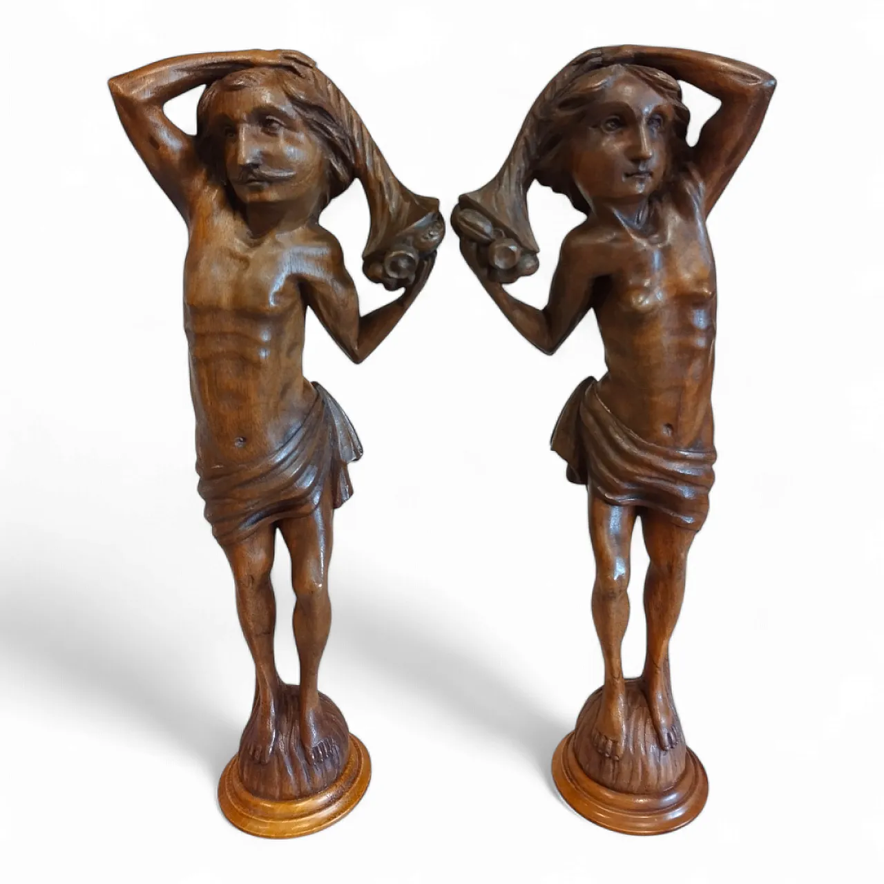 Pair of Walnut Wooden Statuettes columns, late 19th century 13
