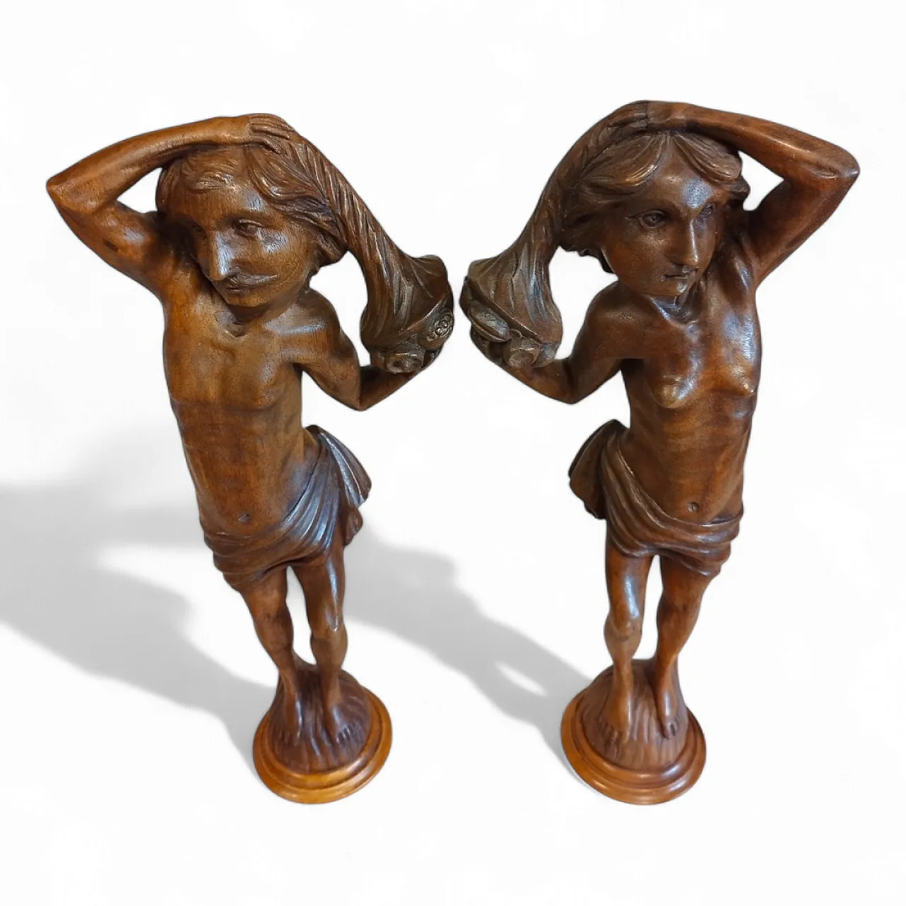 Pair of Walnut Wooden Statuettes columns, late 19th century 14