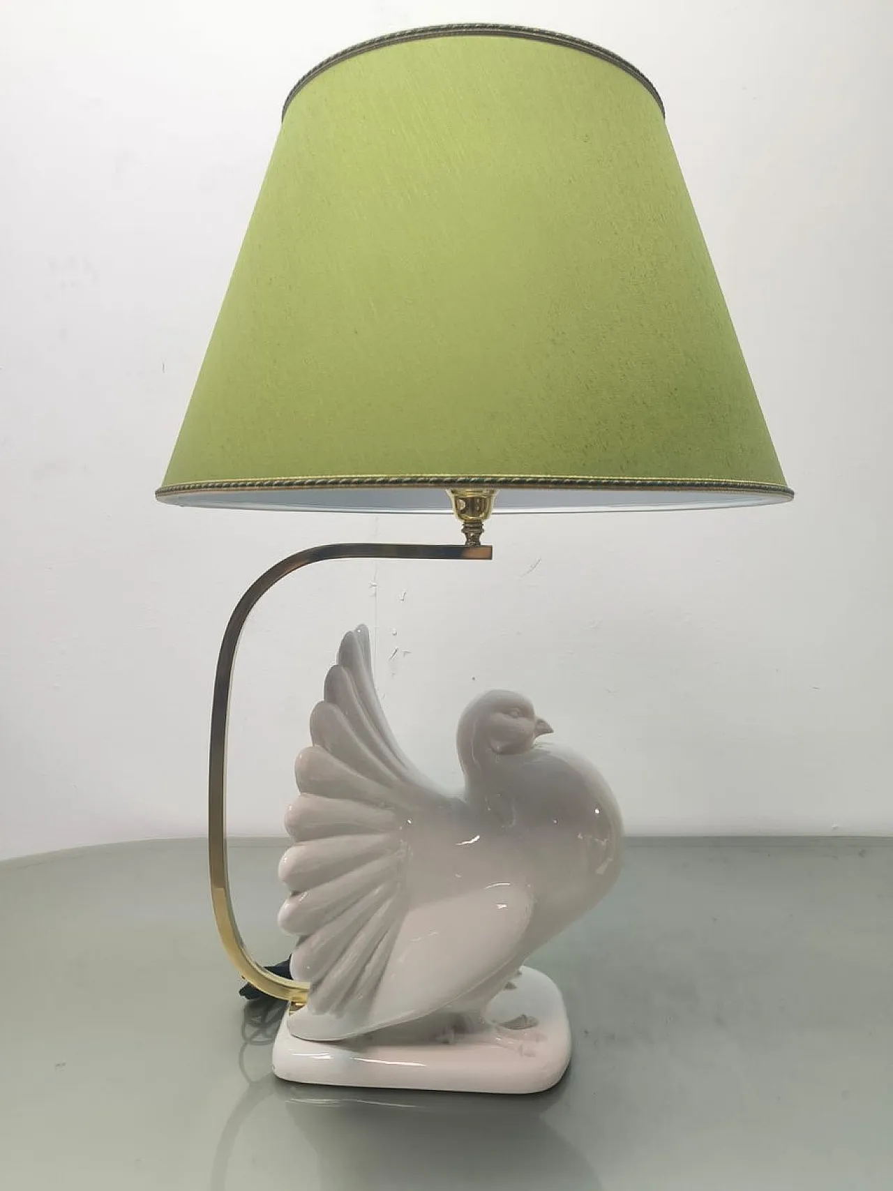 Lampada in porcellana con paralume in tessuto, anni '70 6