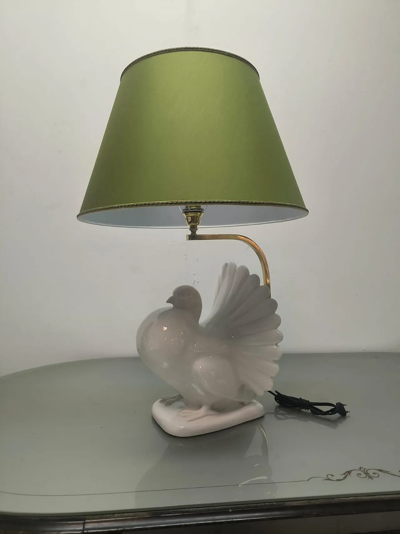 Lampada in porcellana con paralume in tessuto, anni '70 17
