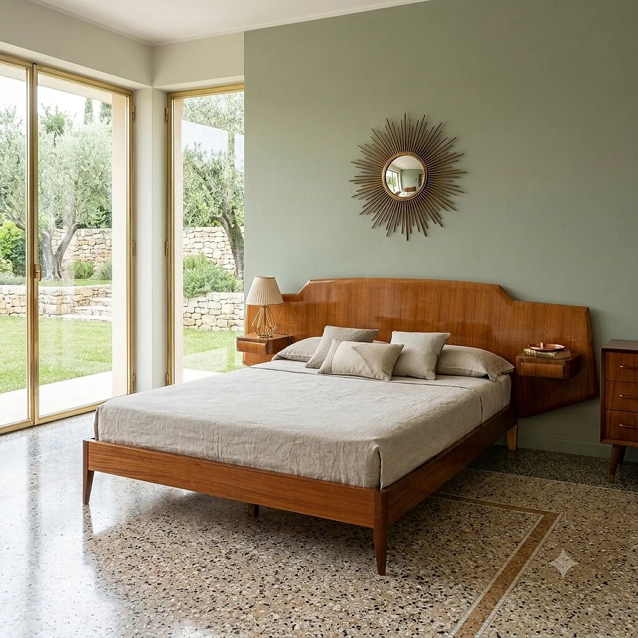 Double bed with integrated bedside tables, 1950s 2