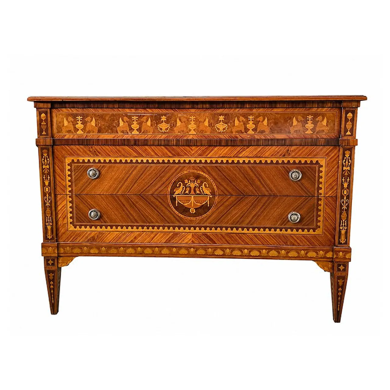 Louis XVI chest of drawers in veneered and inlaid wood, 19th century 1