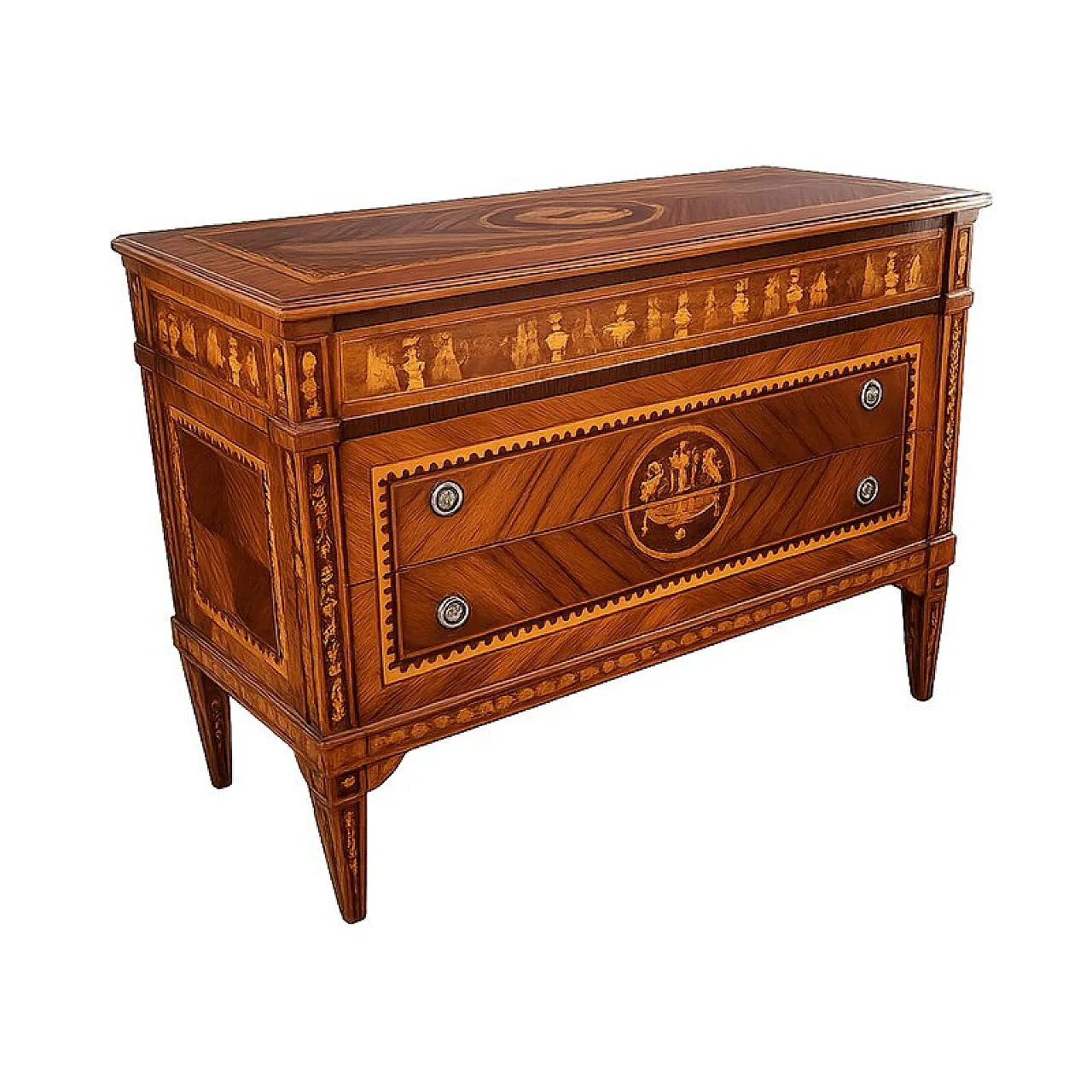Louis XVI chest of drawers in veneered and inlaid wood, 19th century 2