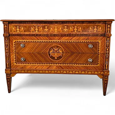 Louis XVI chest of drawers in veneered and inlaid wood, 19th century
