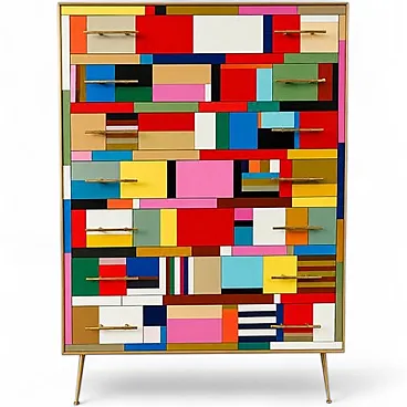 Chest of drawers with colored glass panels, 1980s
