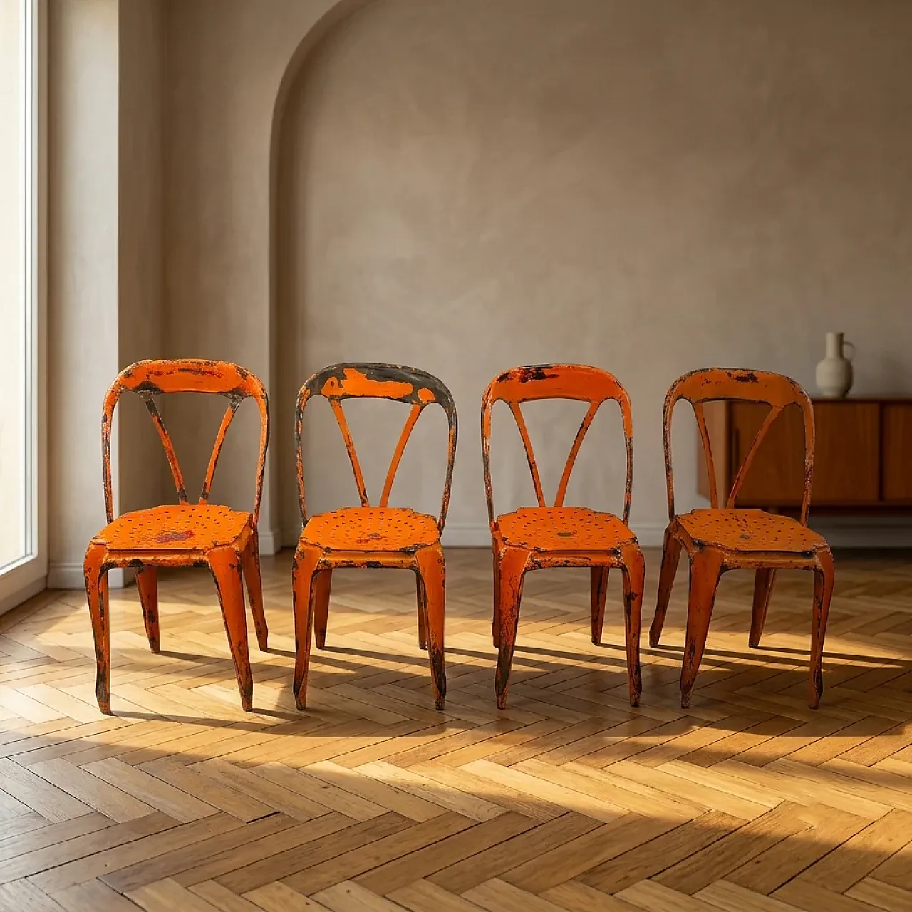 4 Industrial metal chairs by Joseph Mathieu in painted steel, 1920s 1