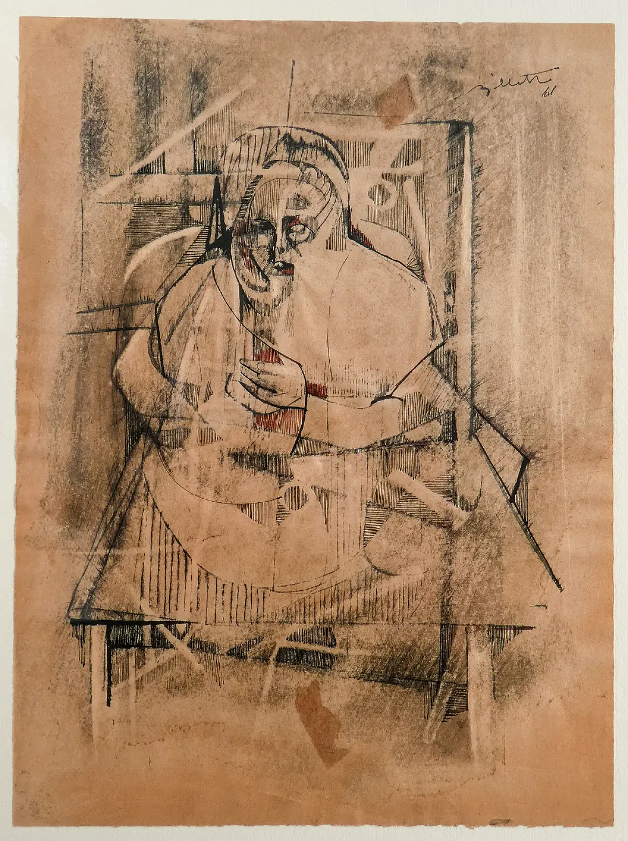Figura di Alfredo Billetto, tecnica mista su carta, anni '60 2