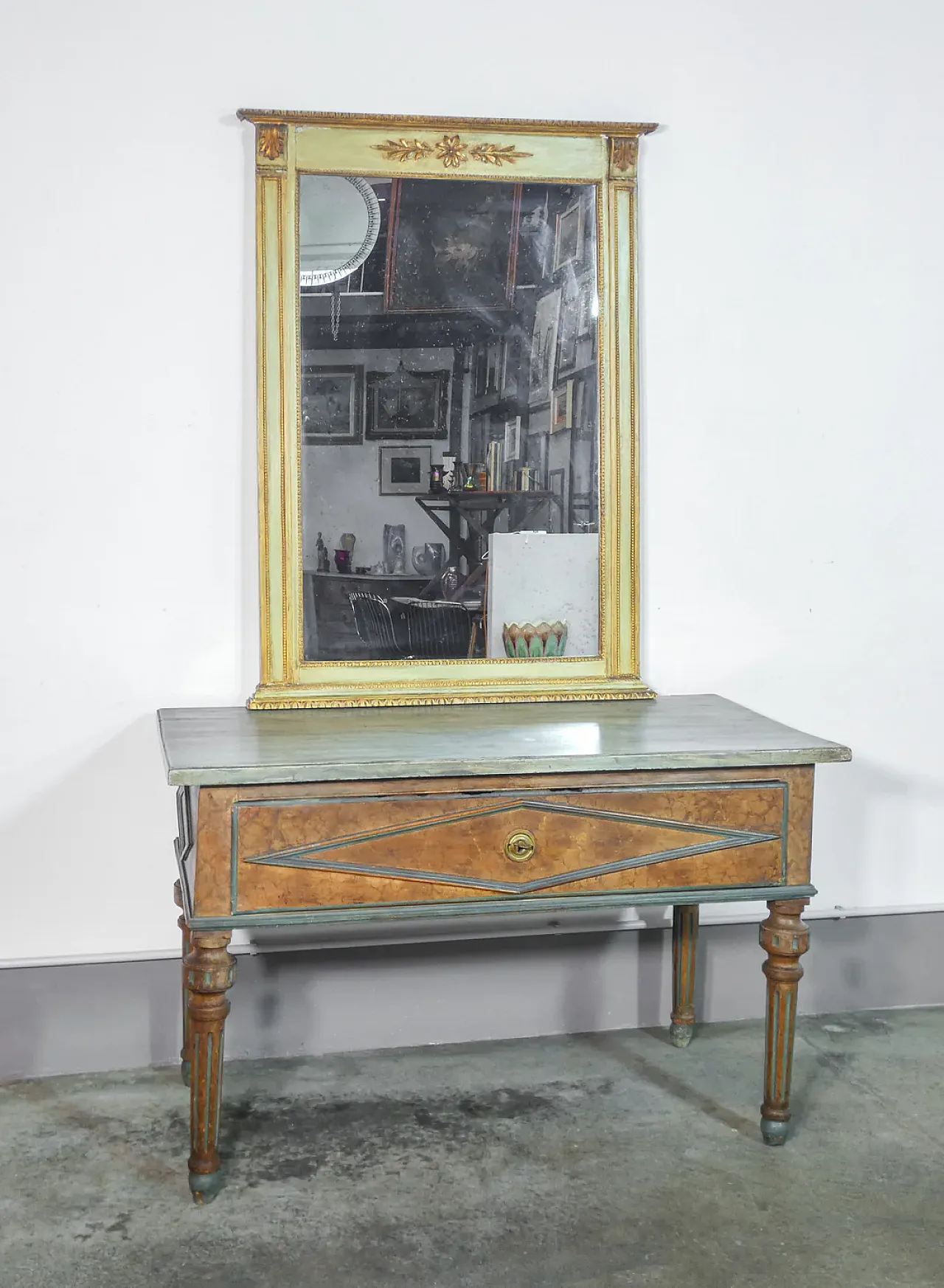 Consolle con specchiera e cassetto in legno massello laccato, '800 2