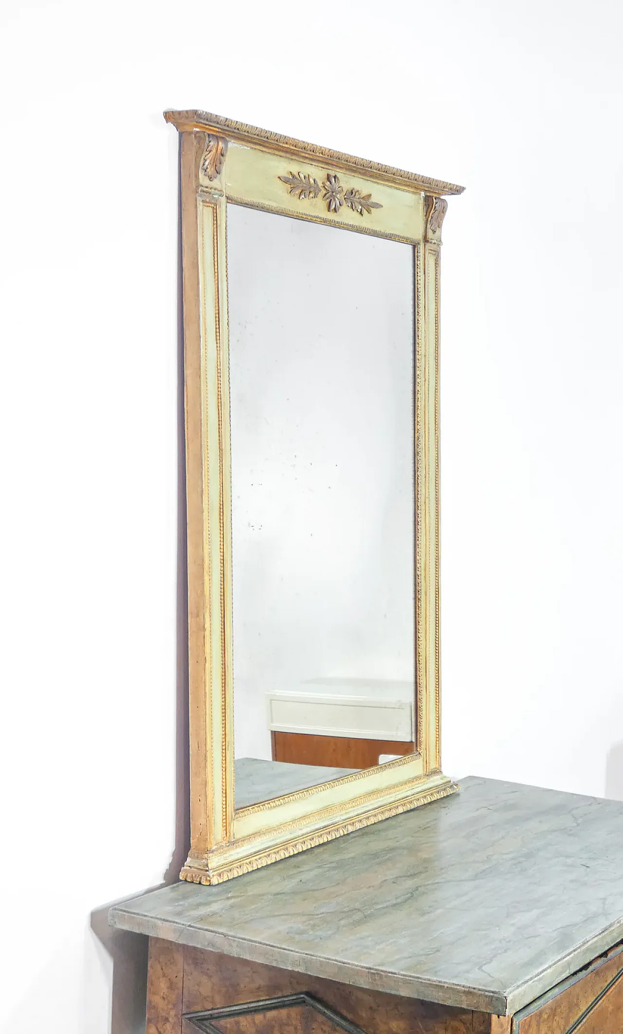 Consolle con specchiera e cassetto in legno massello laccato, '800 8