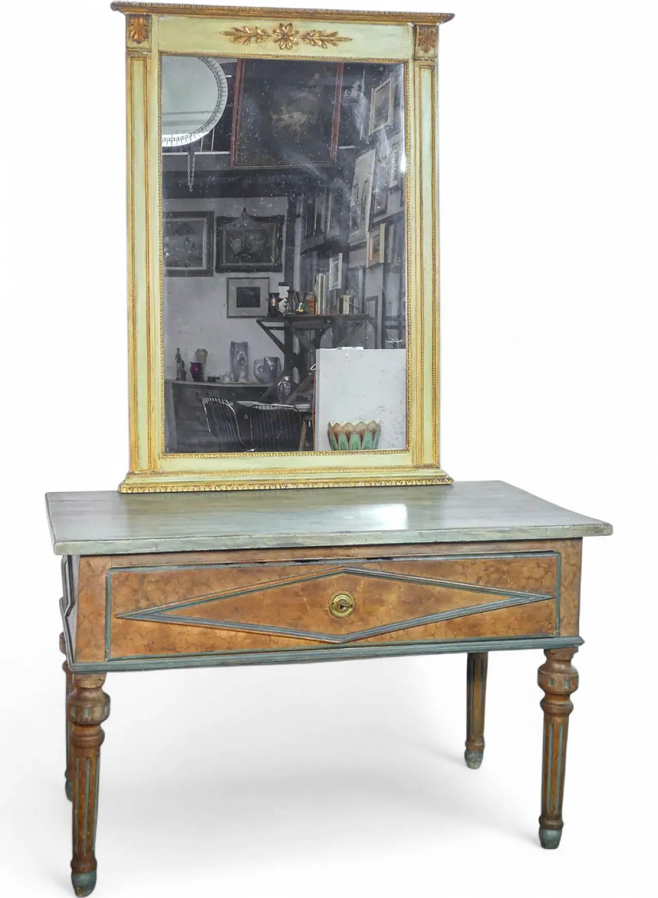 Consolle con specchiera e cassetto in legno massello laccato, '800 11