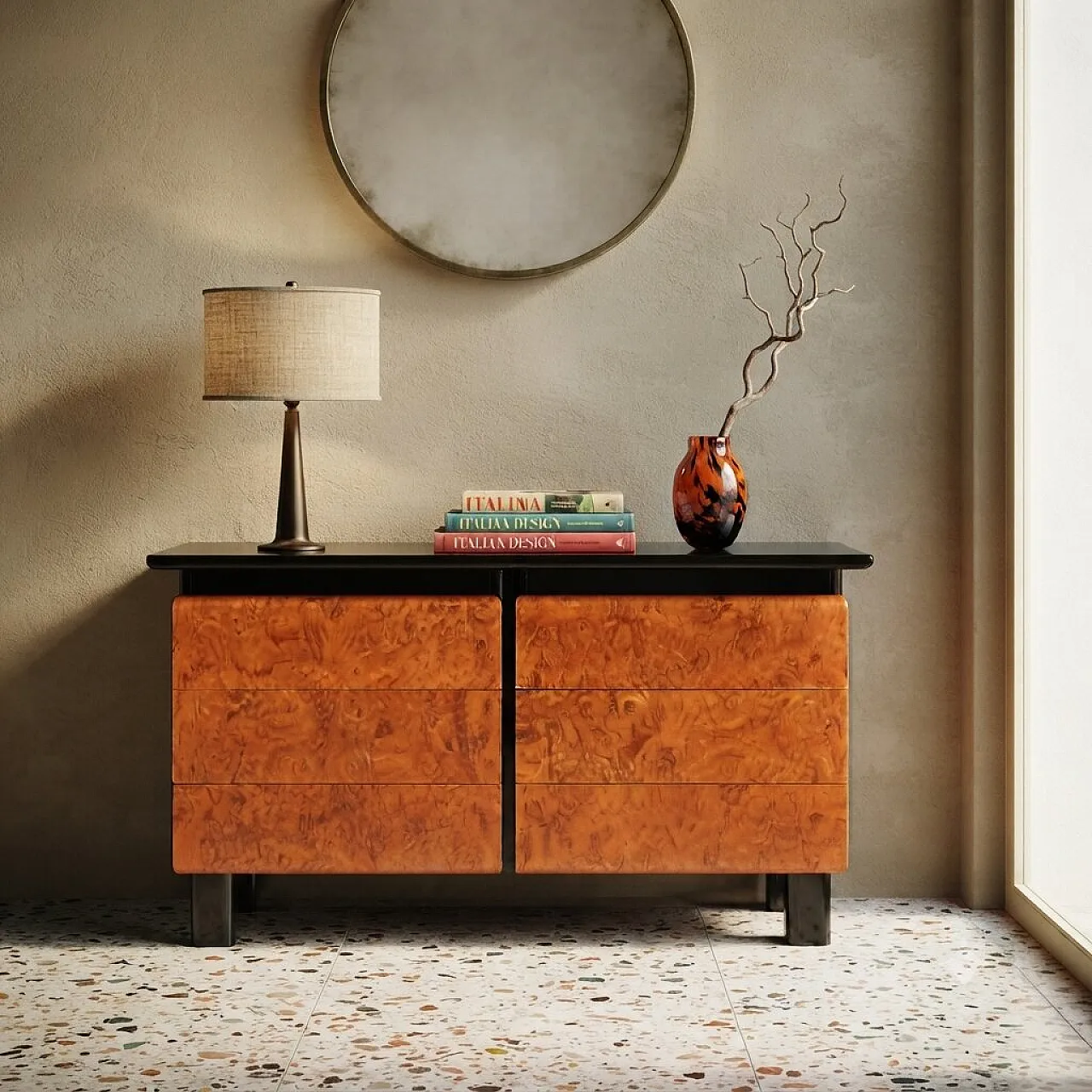 Chest of drawers in lacquered wood and briar, 1980s 2