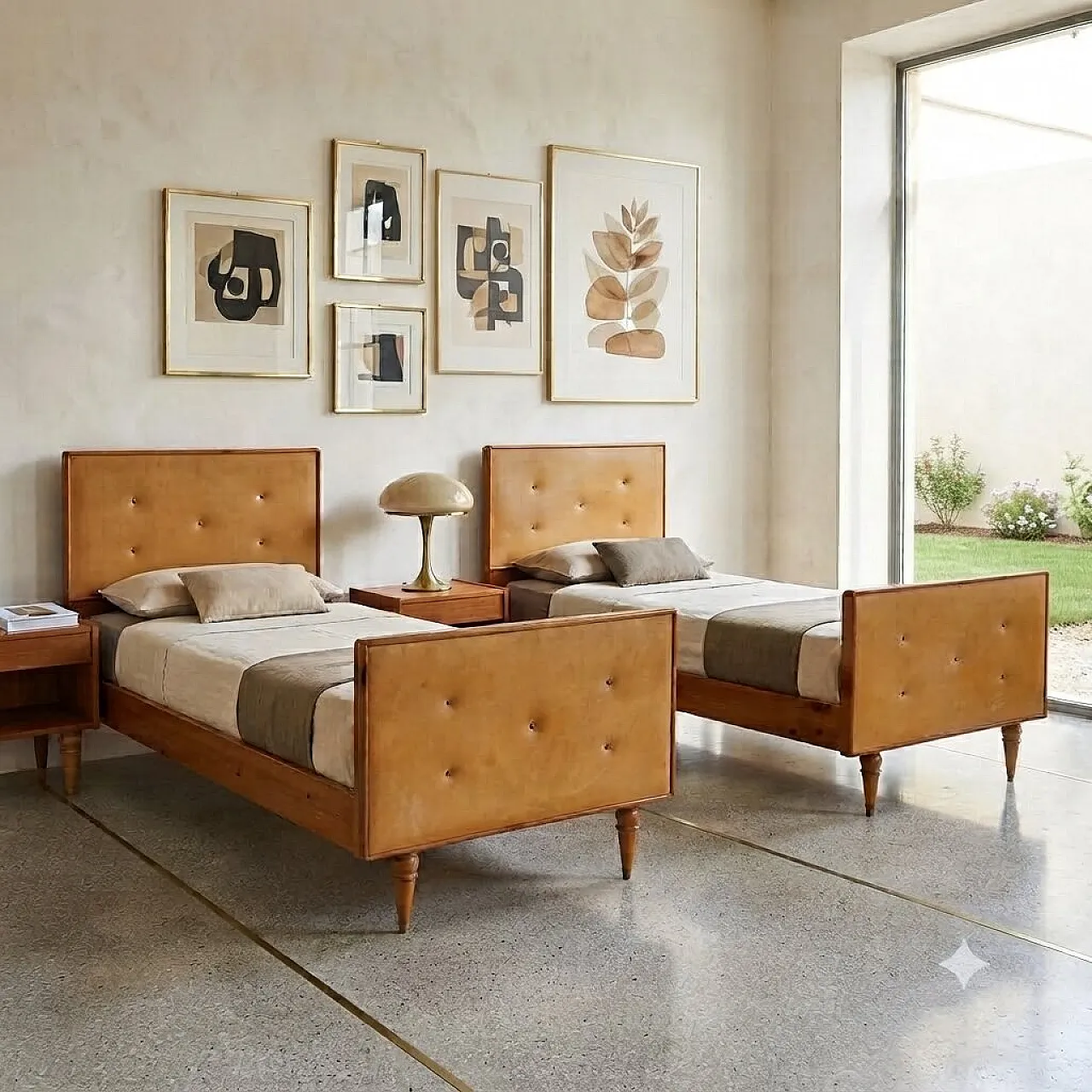 Pair of beds in wood and Skai, 1960s 2