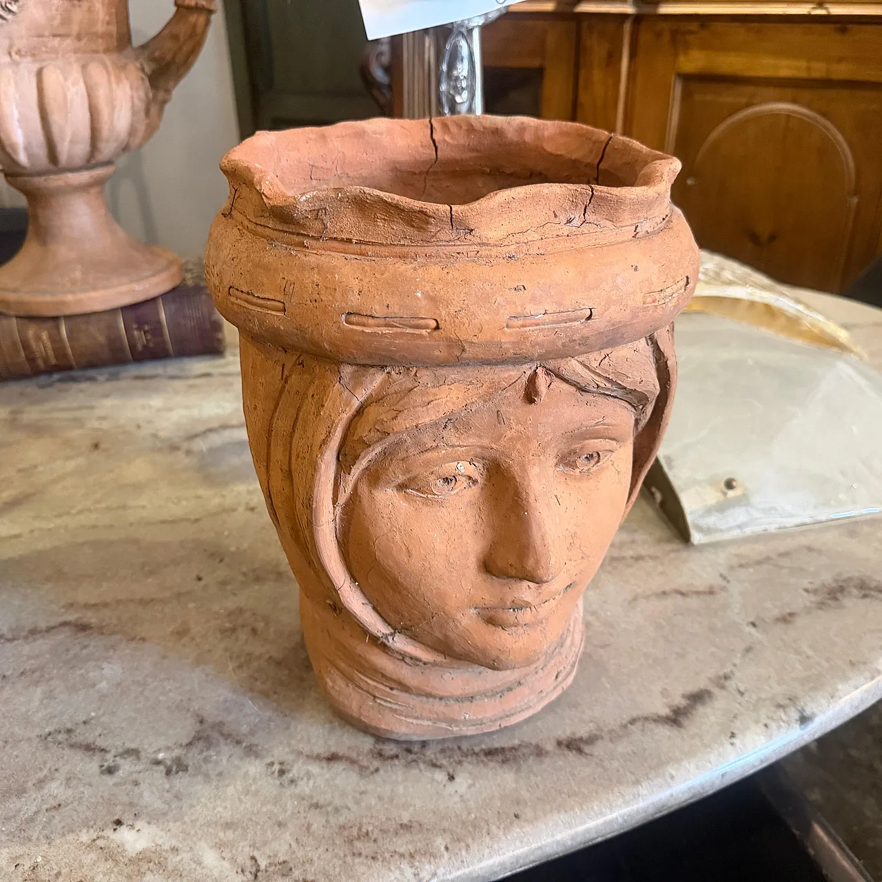 Vaso testa di Moro in terracotta tradizionale artigianale, anni '30 14