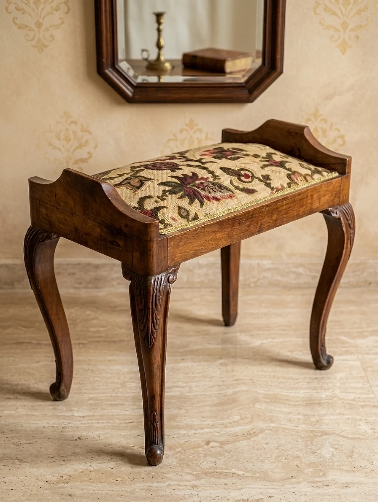 Umbertine floral Art Noveau piano stool with fabric seat, 19th century 1