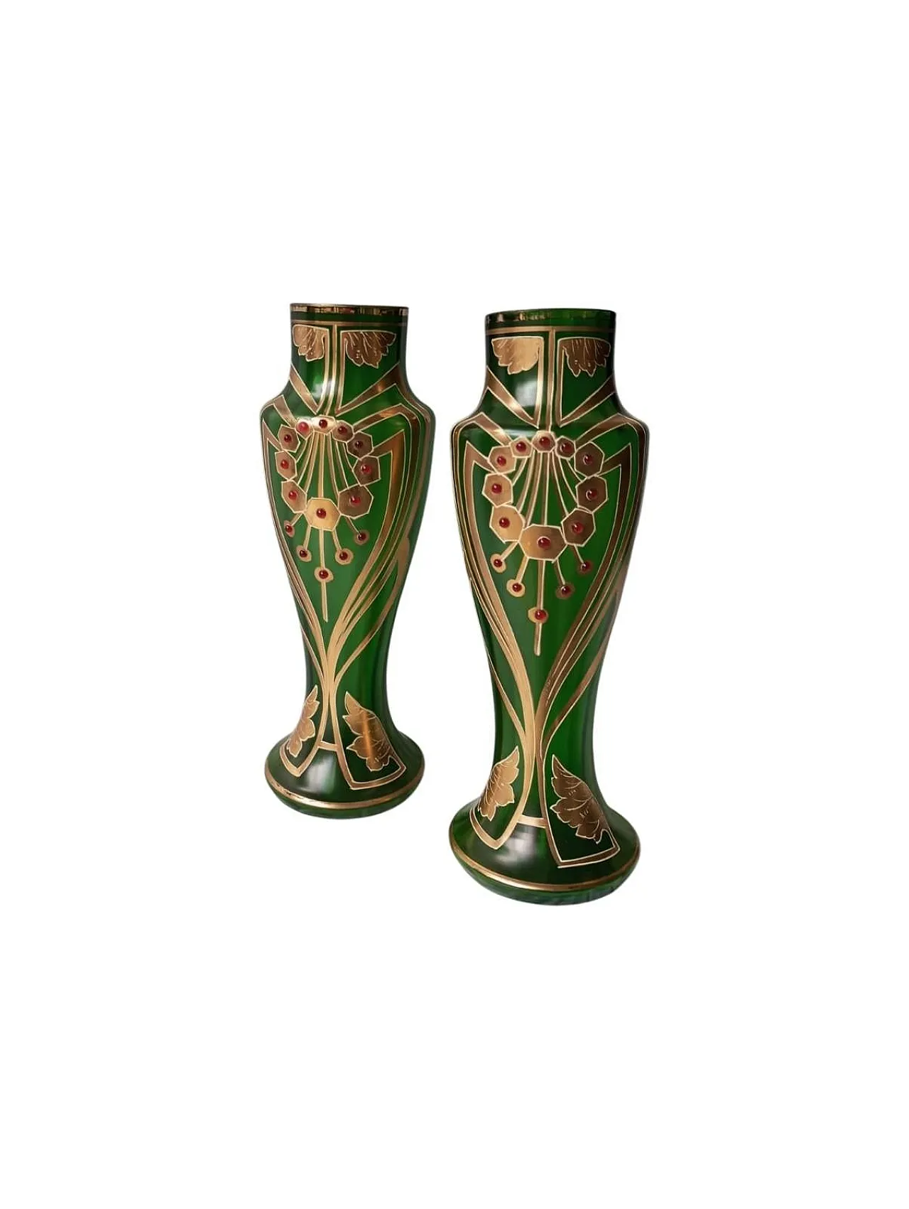Coppia di vasi Art Nouveau in vetro verde e cabochon applicati. 2