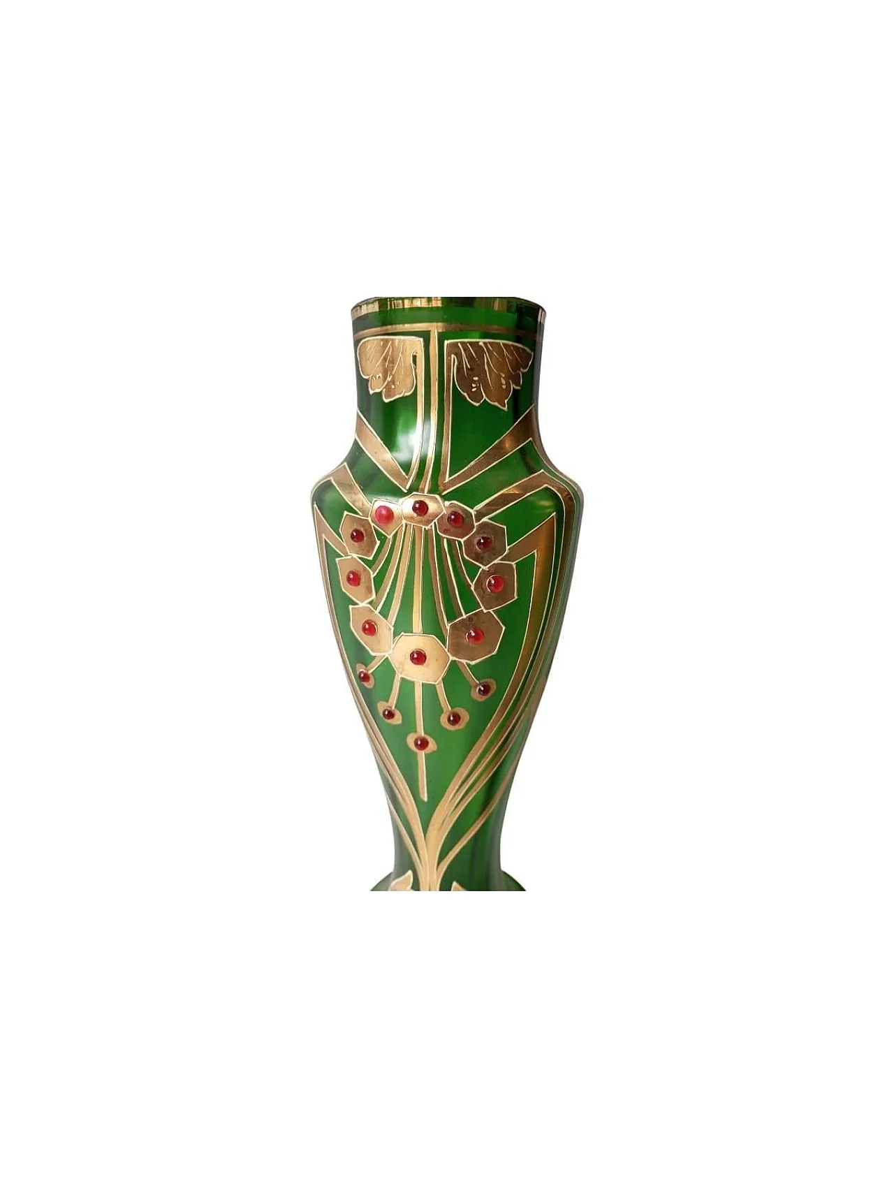 Coppia di vasi Art Nouveau in vetro verde e cabochon applicati. 3