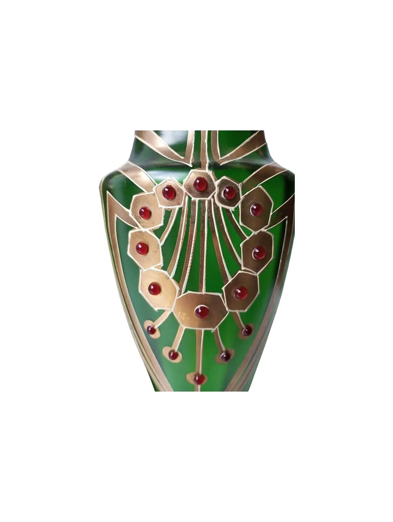 Coppia di vasi Art Nouveau in vetro verde e cabochon applicati. 4