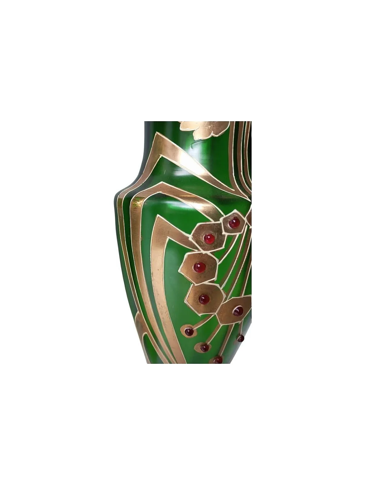 Coppia di vasi Art Nouveau in vetro verde e cabochon applicati. 5