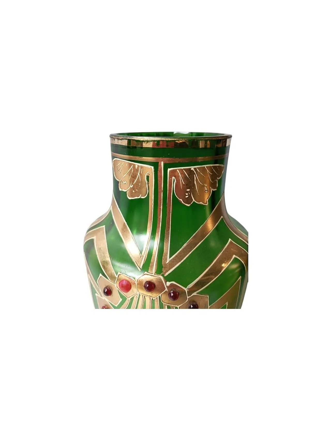 Coppia di vasi Art Nouveau in vetro verde e cabochon applicati. 6