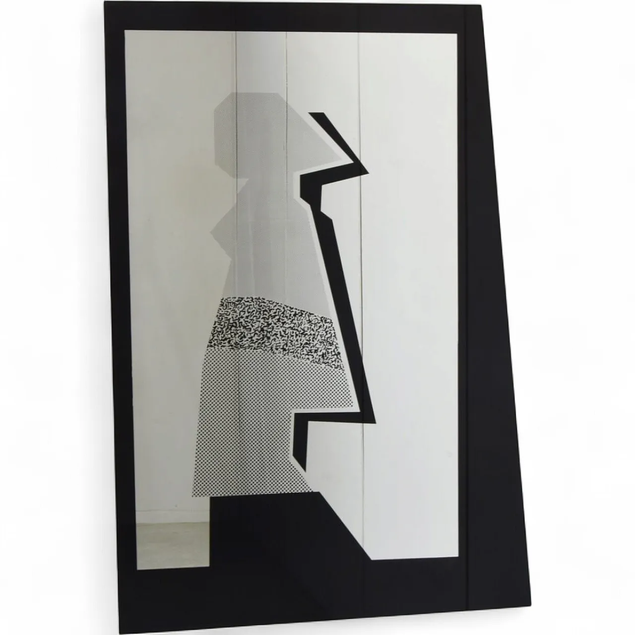 Specchio postmoderno in vetro nero serigrafato, anni '80 10