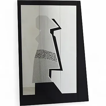 Postmodern screen-printed black glass mirror, 1980s