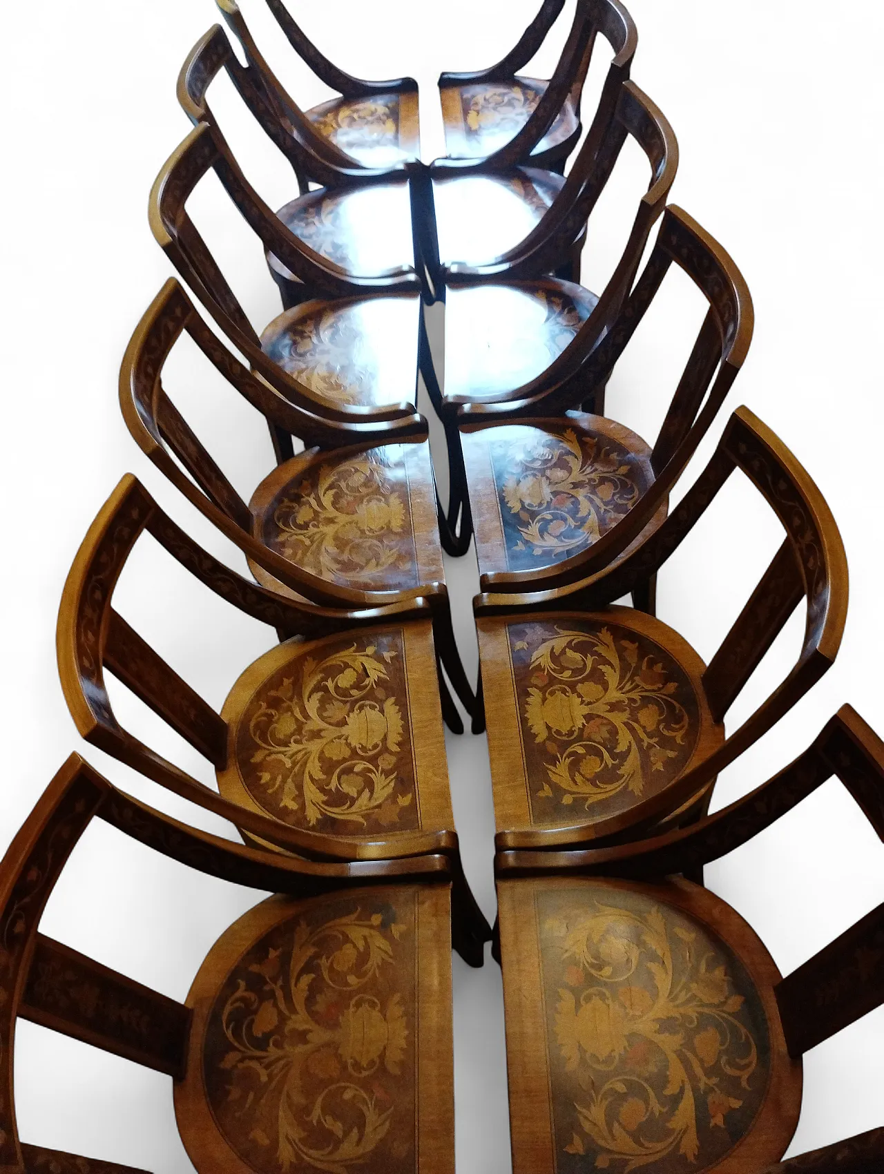 12 Inlaid wooden chairs, 80s 13