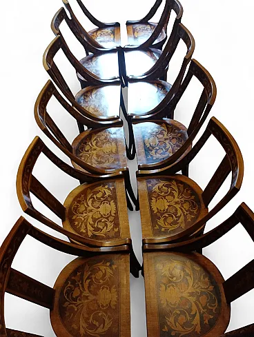 12 Inlaid wooden chairs, 80s