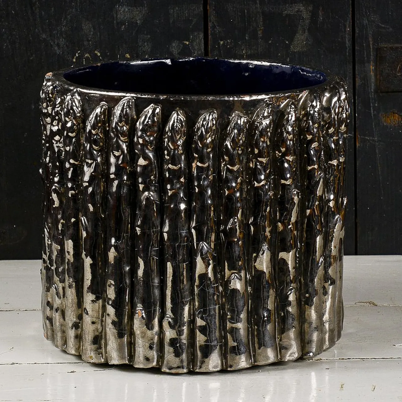 Terracotta plant pot with silver asparagus, 20th century 1