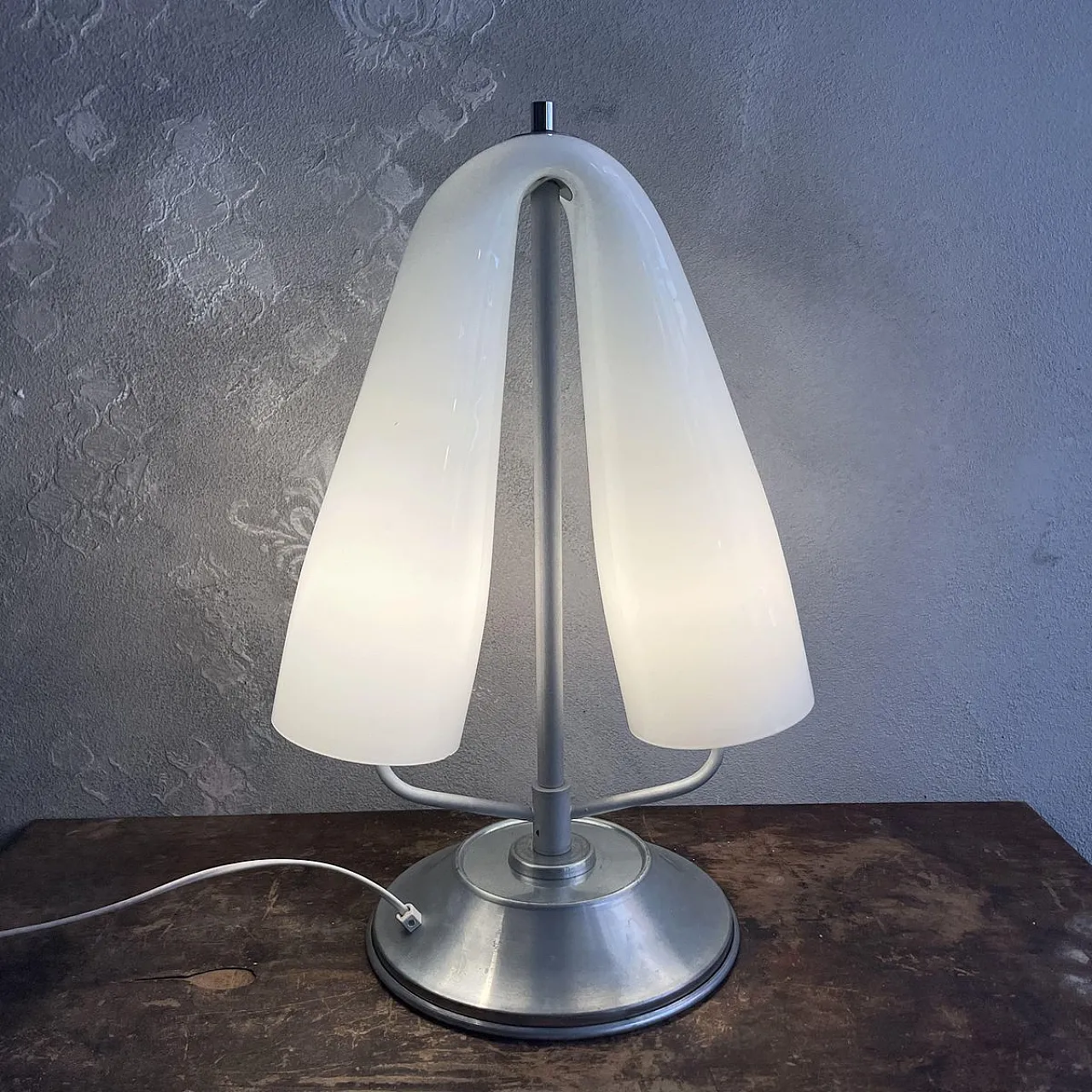 Lamp with curved opal glass shade attributed to Mazzega, 1980s 2