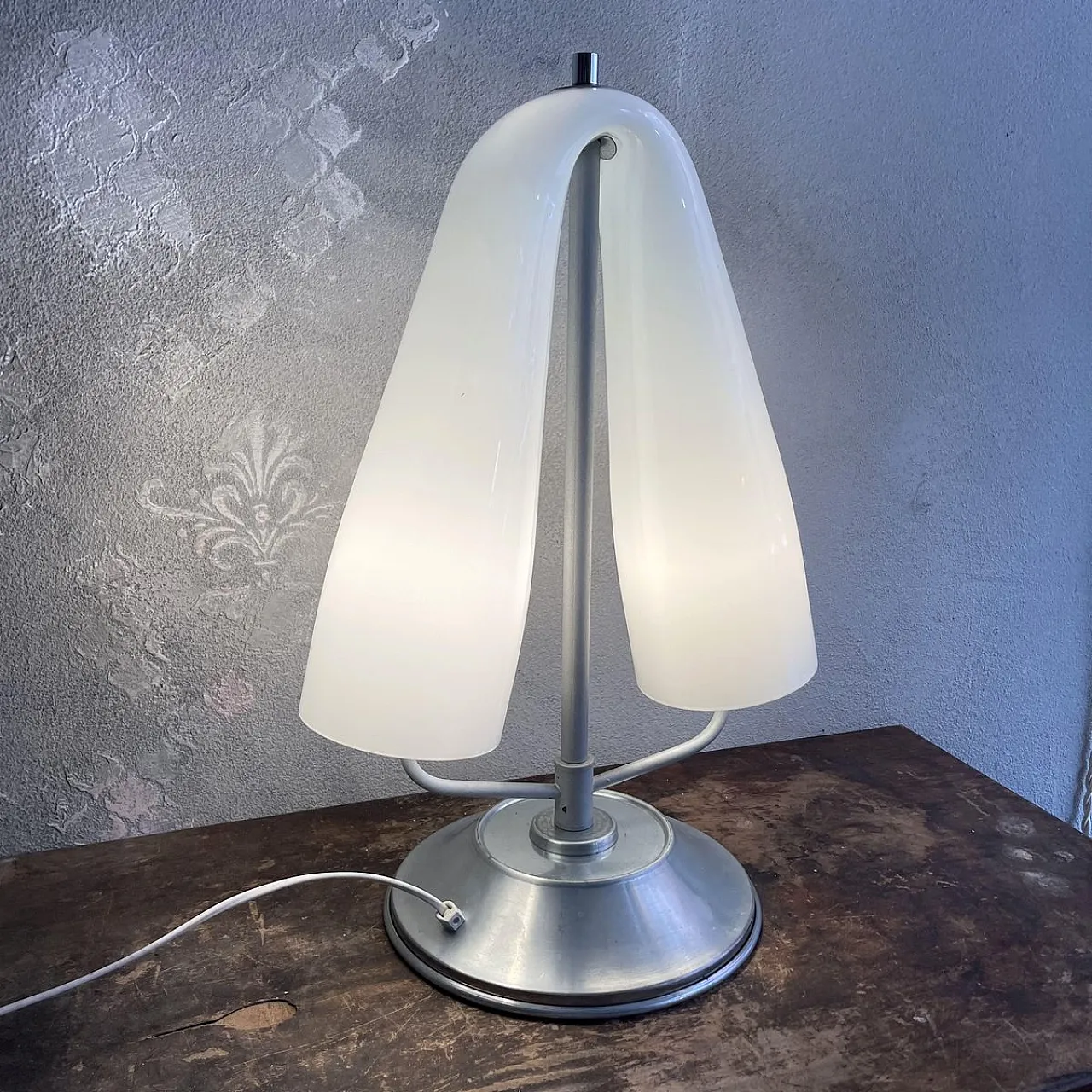 Lamp with curved opal glass shade attributed to Mazzega, 1980s 5
