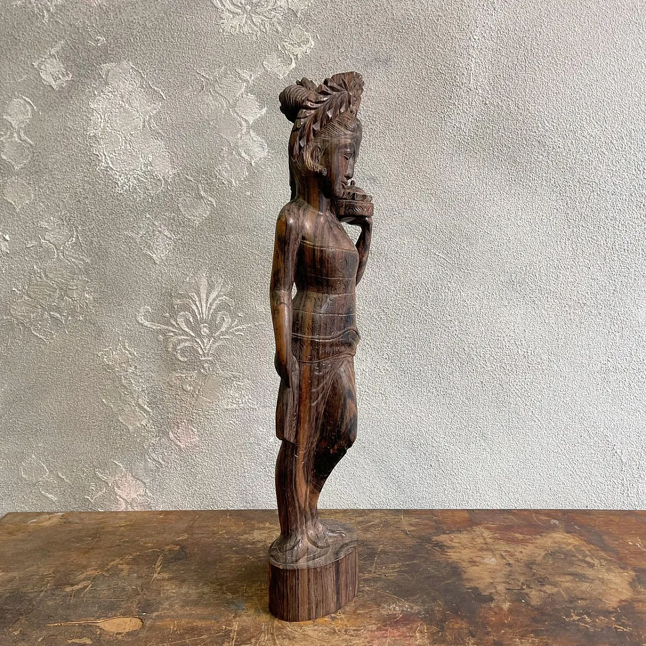 Balinese woman on hand-carved mahogany, sculpture, 1960s 2