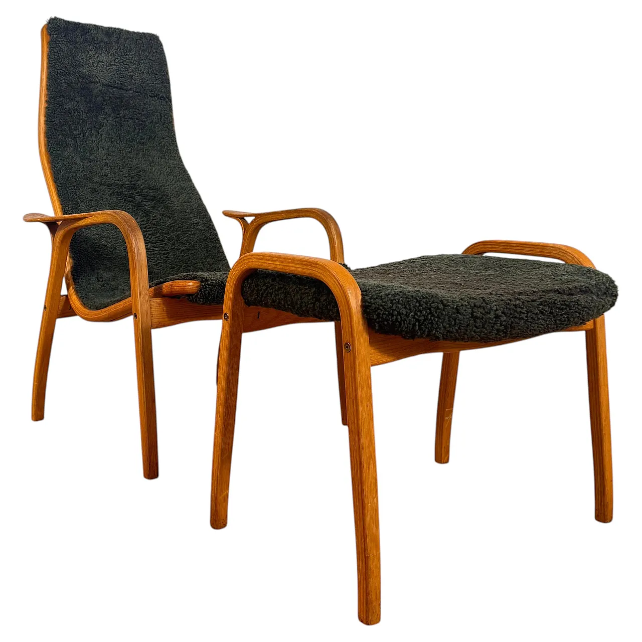 Poltrona Lamino di Yngve Ekström in legno e tessuto verde, anni ’60 1
