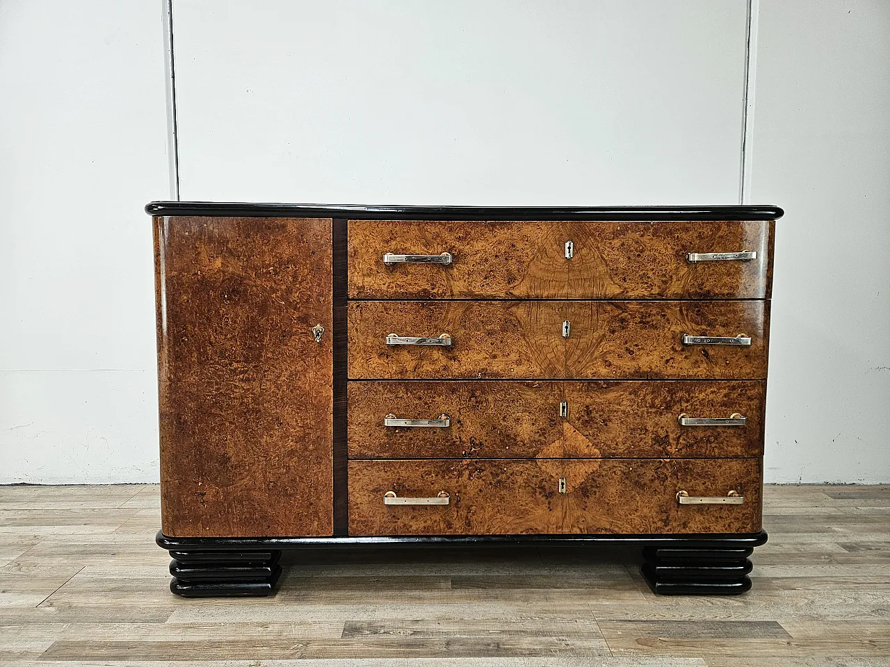 Art Decò sideboard in briar and lacquered wood, 1950s 1