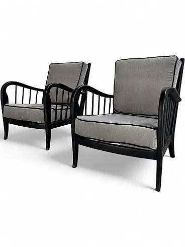Pair of Buffa style armchairs in wood and velvet, 1950s
