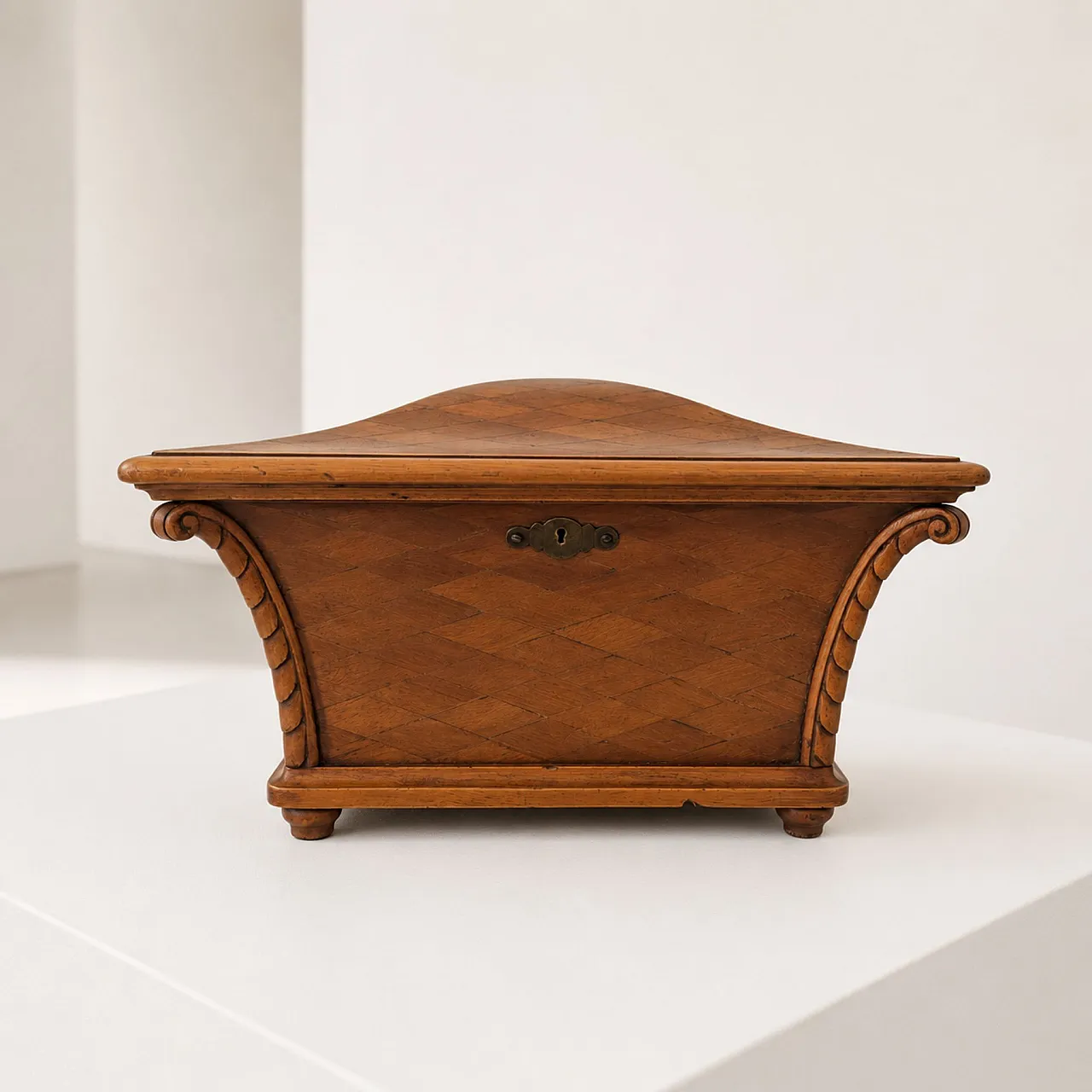 Scatola decorativa tea caddy Mid-Century in legno intarsiato e ottone 3
