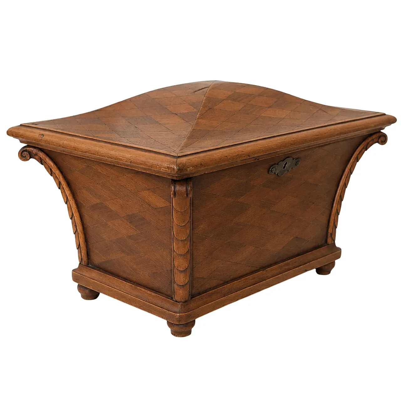 Scatola decorativa tea caddy Mid-Century in legno intarsiato e ottone 4