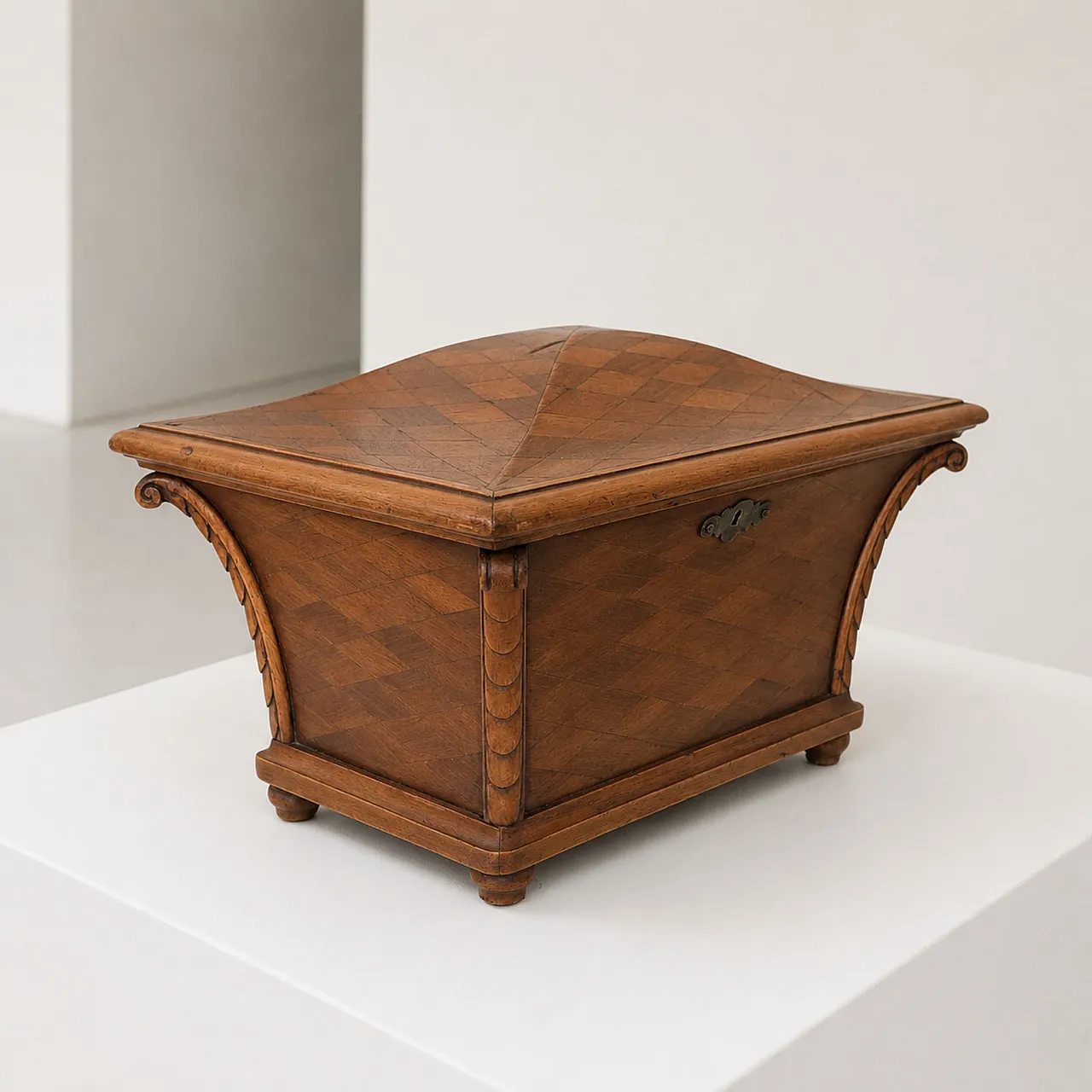 Scatola decorativa tea caddy Mid-Century in legno intarsiato e ottone 6