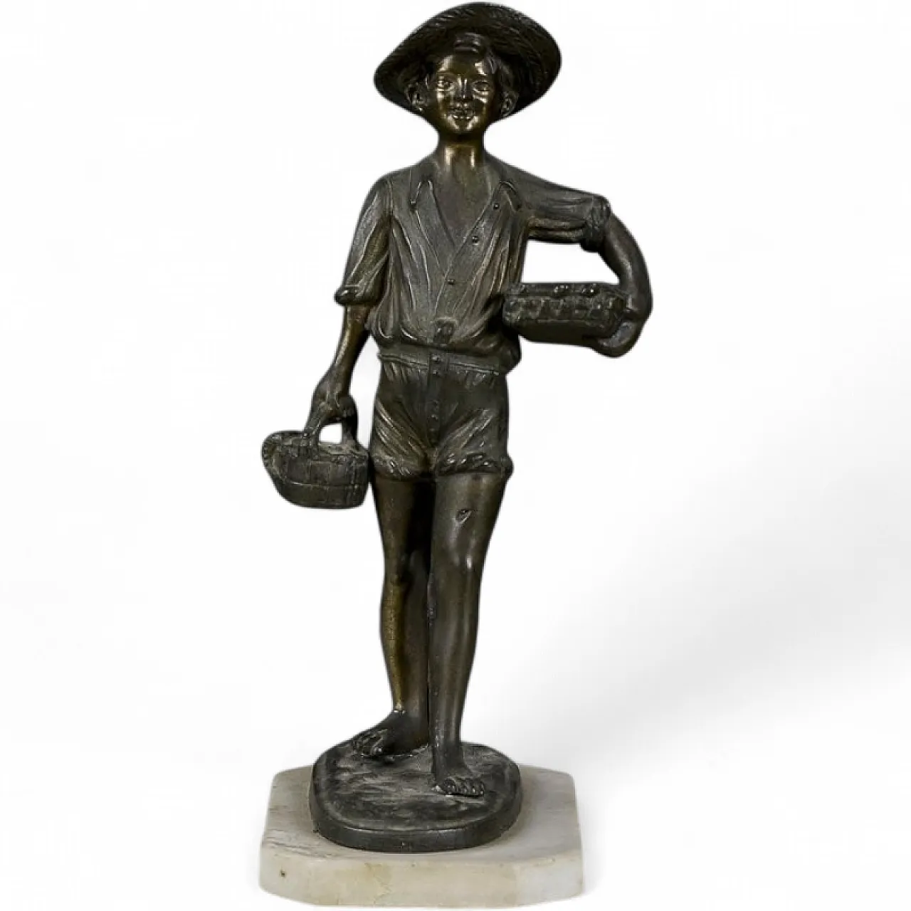 Scultura in bronzo e metallo di un giovane pescatore, '900 11