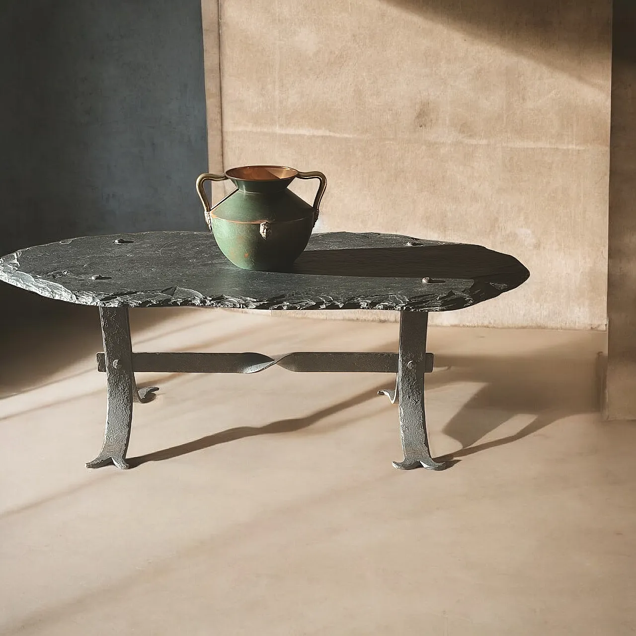 Stone and wrought iron coffee table, France 60s 1