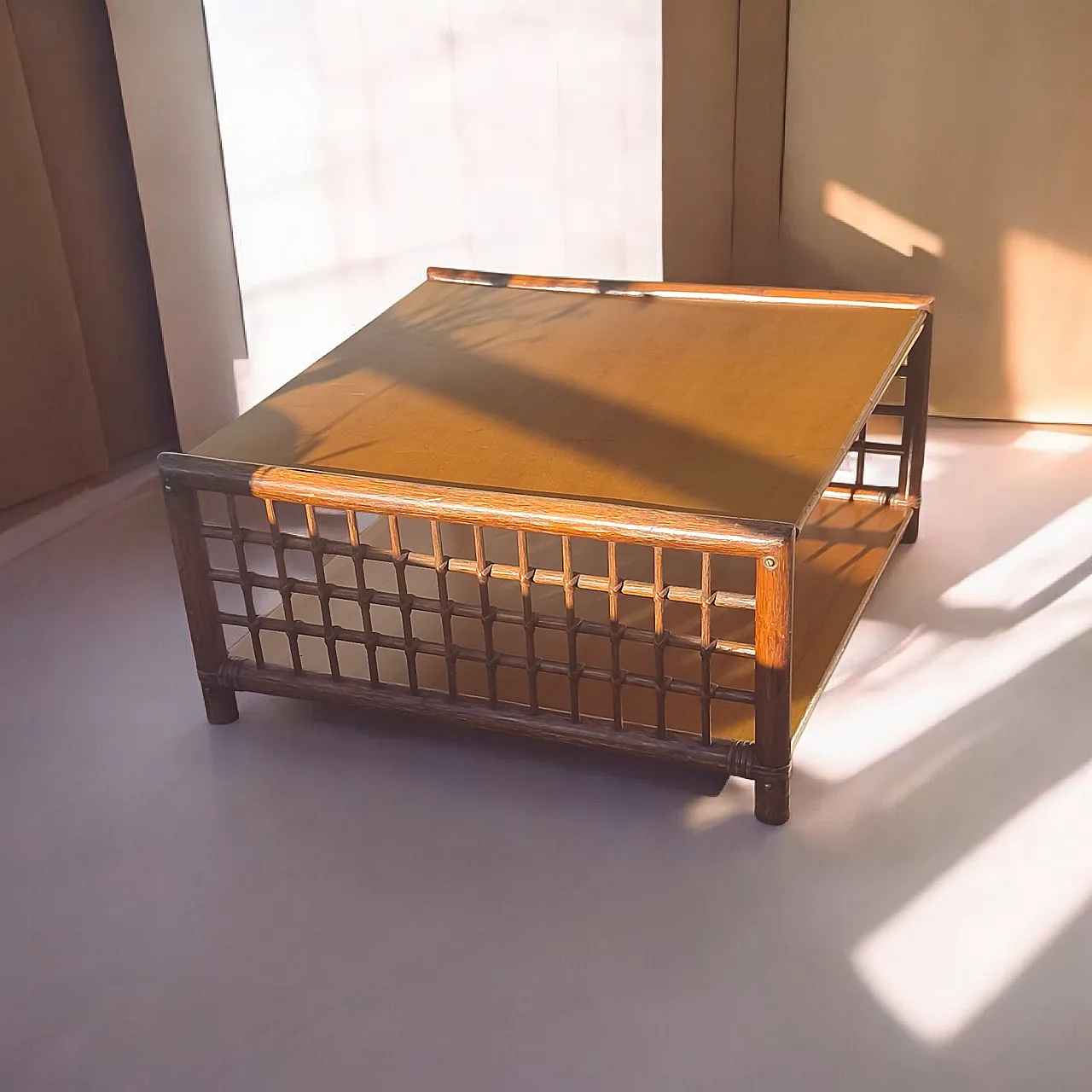 Square coffee table in bamboo lattice. Italy, 60s 1