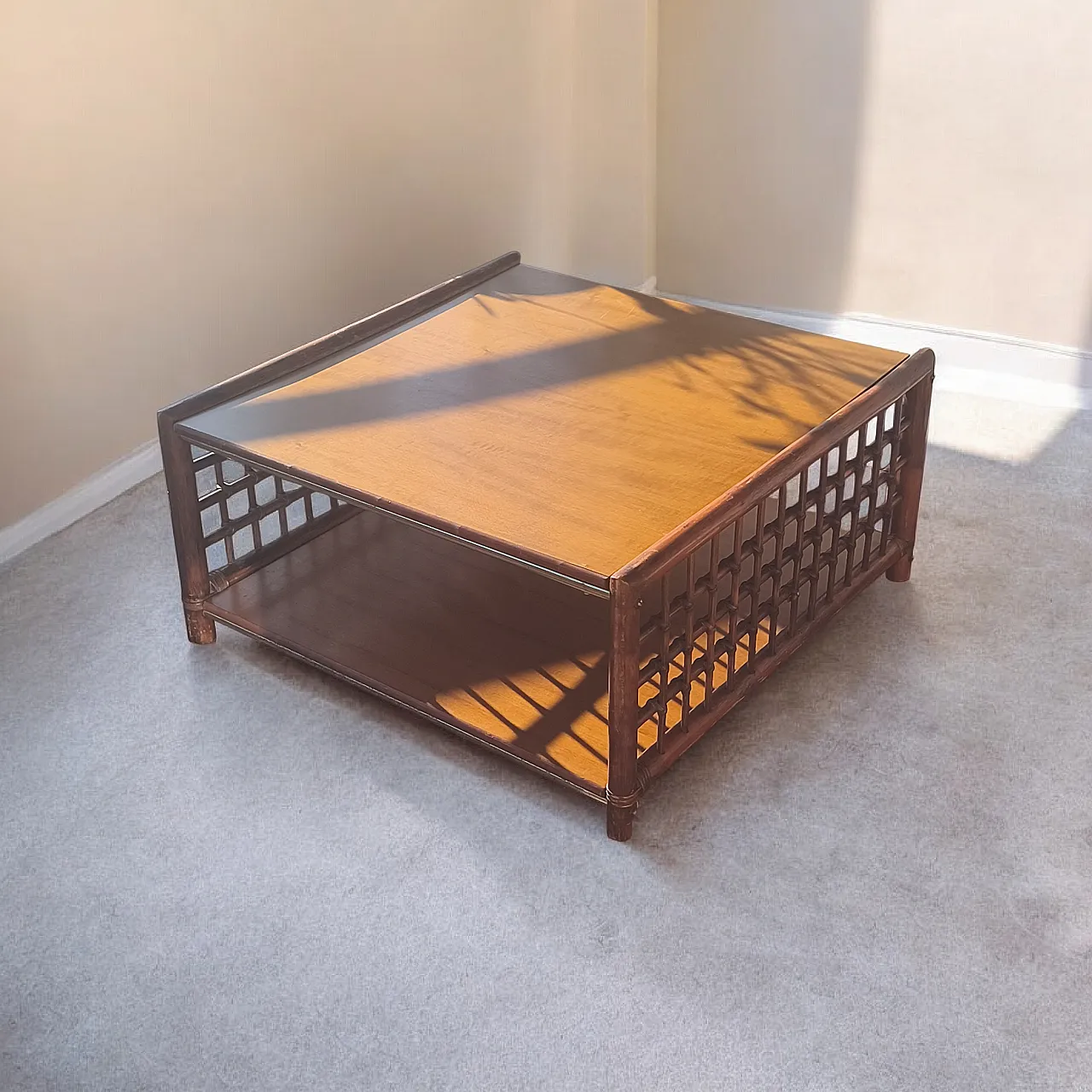 Square coffee table in bamboo lattice. Italy, 60s 2