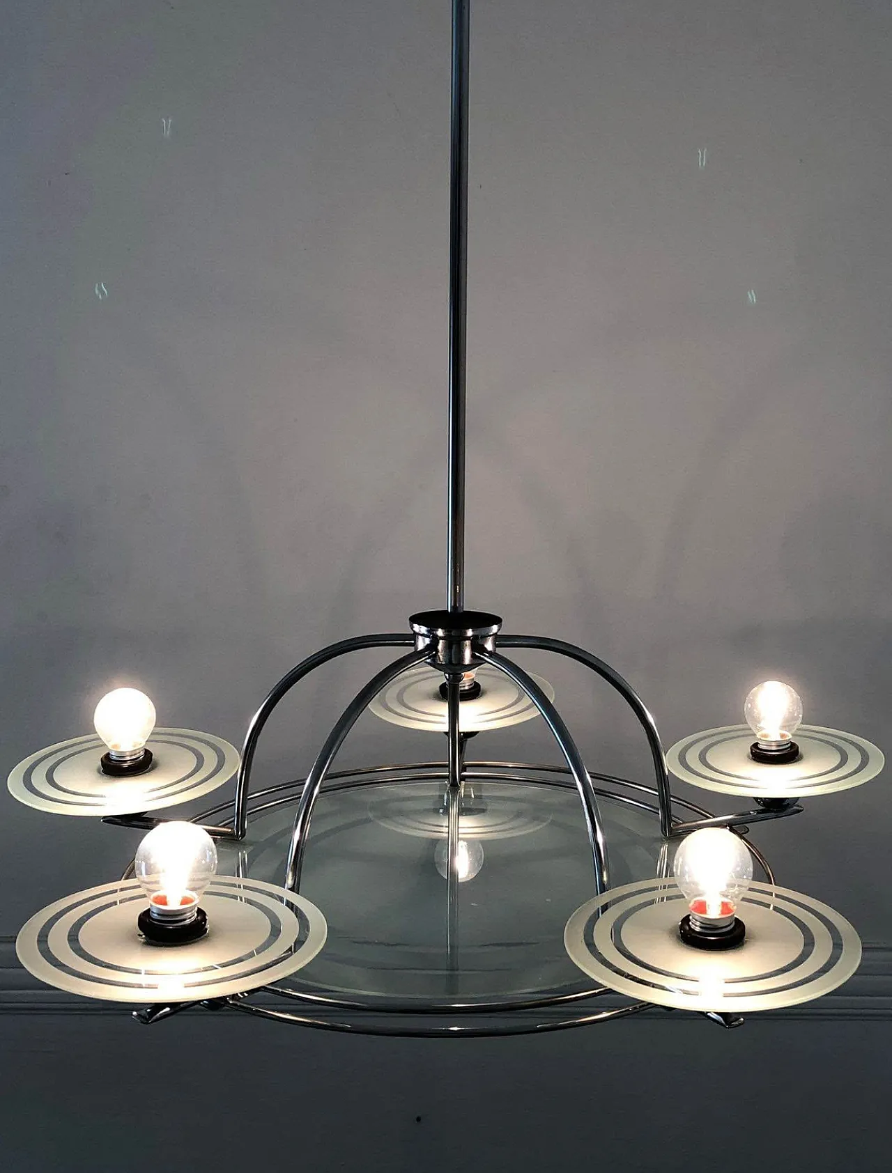 Art Deco Chrome and Glass Chandelier. France, 40s 1