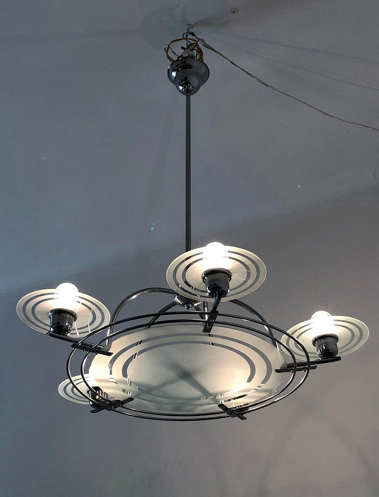 Art Deco Chrome and Glass Chandelier. France, 40s 2