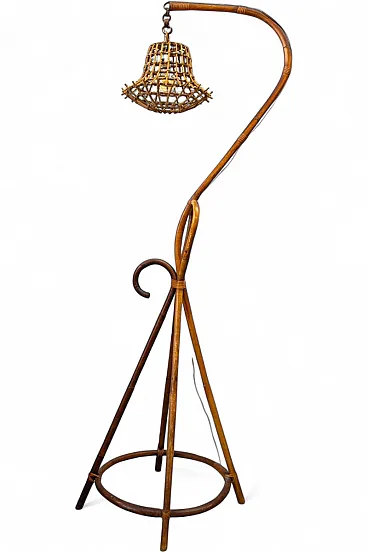 Lampada da terra in vimini e bambù, anni '50