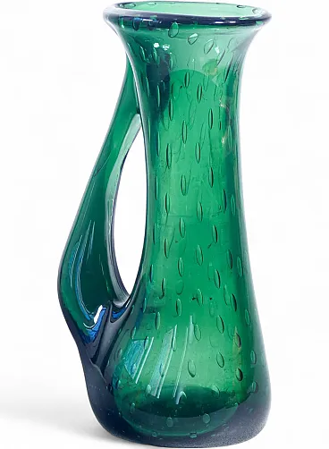 Vaso in vetro soffiato bullicante verde di Murano, anni '70